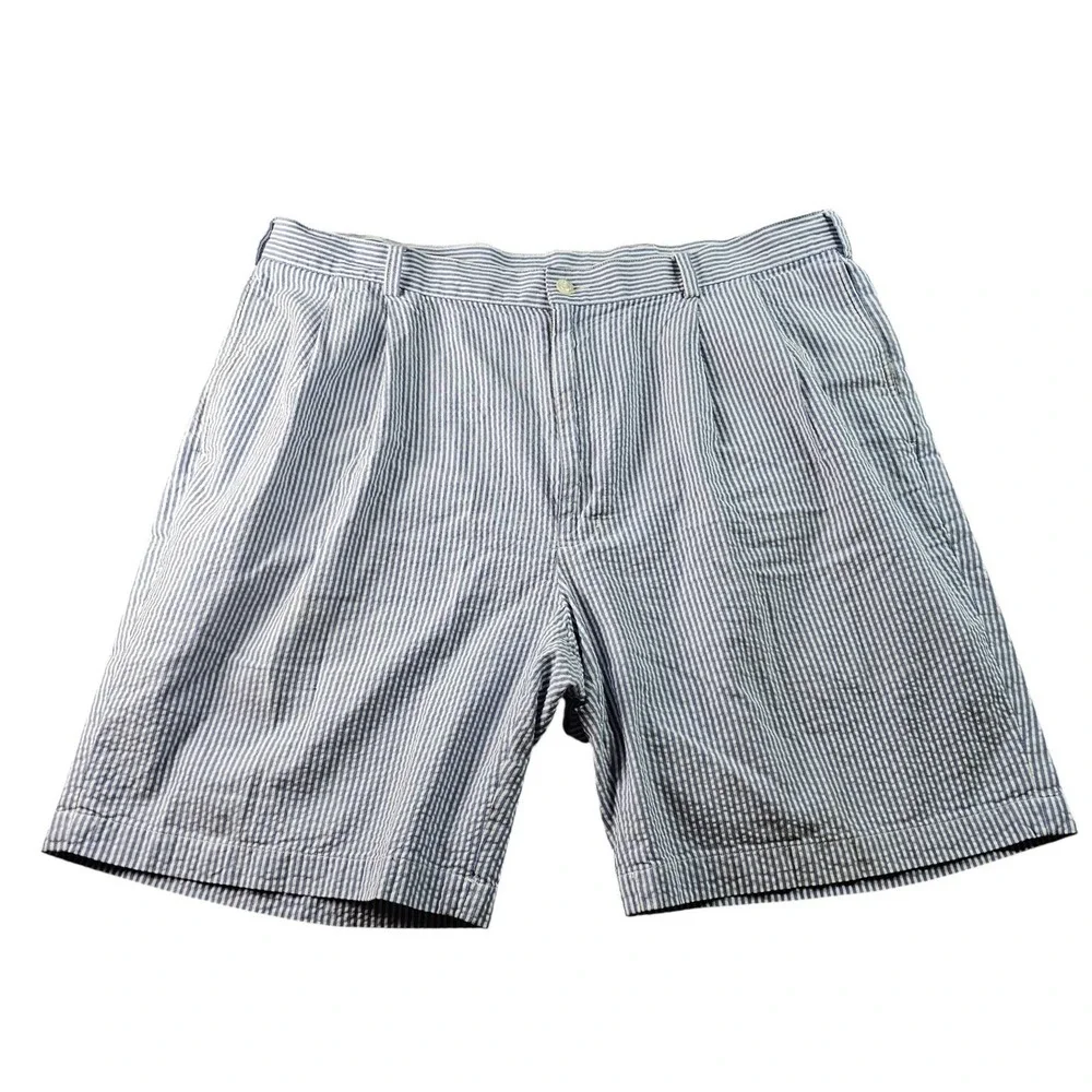 Jos. A. Bank Stays Cool Chino Shorts Men 40 White Blue Stripe Seersucker Pleated